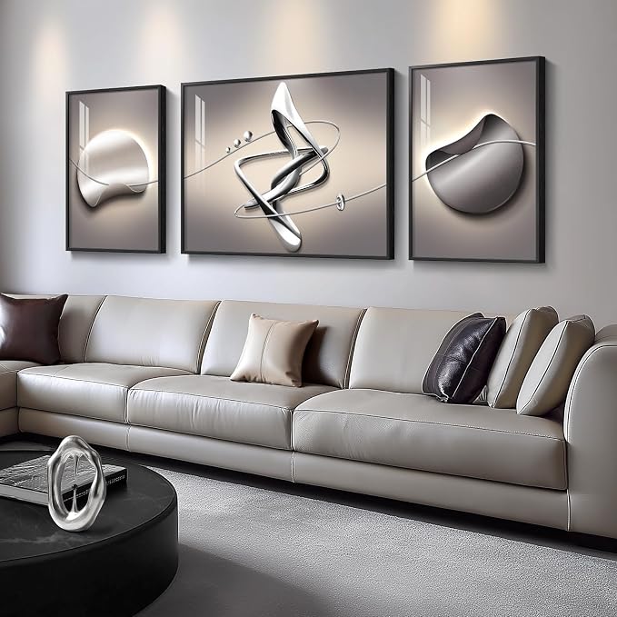 Extra Large Framed Modern Abstract Wall Art for Living Room, 3 Piece Black Grey Prints Wall Paintings Artwork for Walls, Silver Gray Luxury Wall Pictures for Hallway Entryway Foyer Stair Office Wall Decor 30x80 Inch