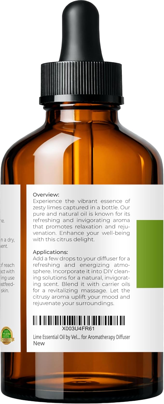 Lime Essential Oil by Velona - 4 Fl Oz | Therapeutic Grade 100% Pure and Natural | for Aromatherapy Diffuser, Massage, Skincare, Haircare, Soapmaking | Undiluted and Multipurpose in Glass Bottle…