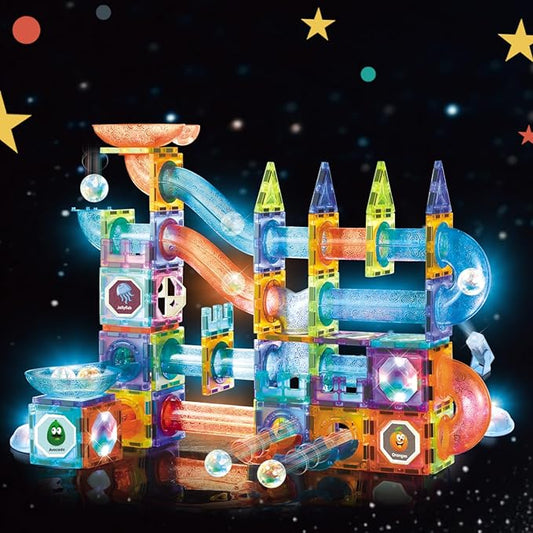 Magnetic Tiles Building Blocks Toys for Kids,144 PCS Magnet STEM Construction Set with LED Lights & Marble Run | Educational Learning Creative Gifts for Kids Ages 5-12 Boys and Girls
