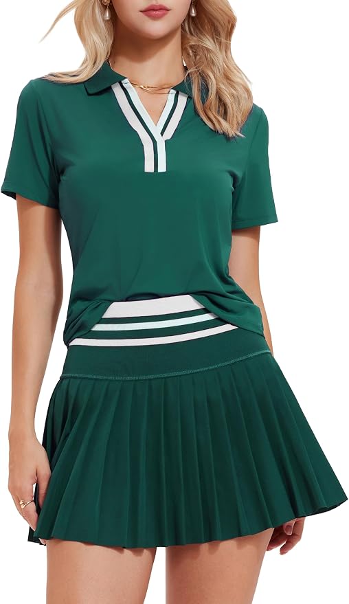 Tennis Skirt Set for Women Color Block V Neck Golf Pickleball Outfits Pleated Athletic Two Piece Skirts Sets