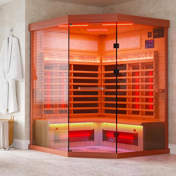 MEISSALIVVE Full Spectrum Infrared Sauna，4 Person Home Sauna， Red Cedar Luxury Indoor Spa Sauna with Resonance Speaker, Panoramic Tempered Glass Door