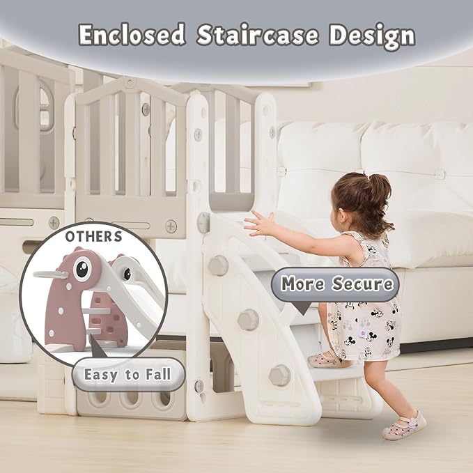 YUFU 9 in 1 Toddler Slide, Kids Slide for Toddlers Age 1-3, Toddler Climber Slide with Ring Toss, Tunnel, Corridor and Basketball Hoop, Toddlers Indoor Outdoor Playset (Beige+Gray)