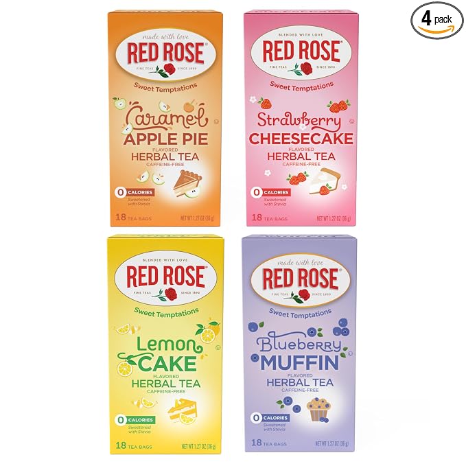Red Rose Sweet Temptations Dessert Tea Variety Pack, Zero Sugar, Caffeine-Free Flavored Delicious Beverage Herbal Tea, 18 Count Pack of 4 Fruit Naturally Flavored Herbal Tea