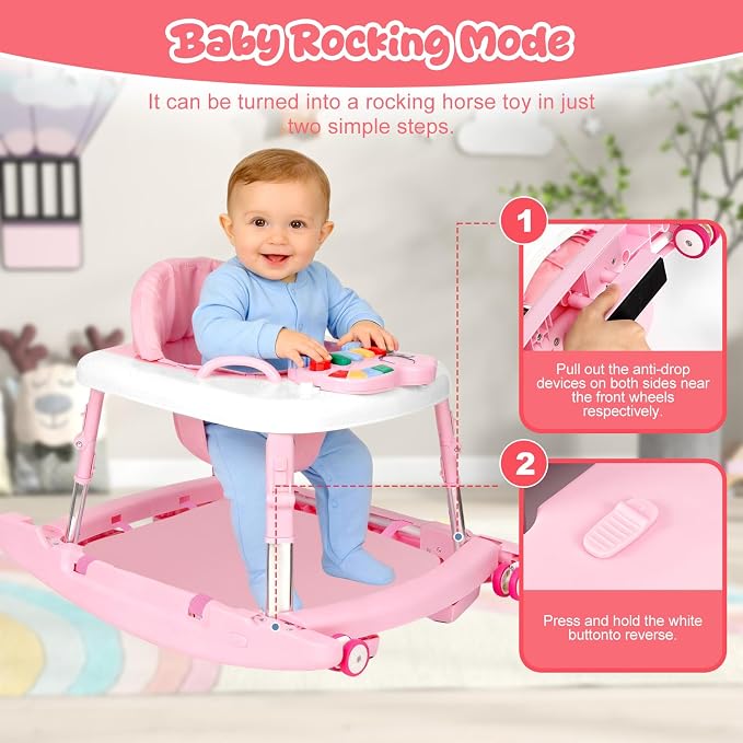 5-in-1 Baby Walker for Boys and Girls Music and Lights 6-18 Month, Foldable Baby Walkers with 5 Adjustable Heights, Infant Toddler Walker with Wheels and Combo Portable（Pink）