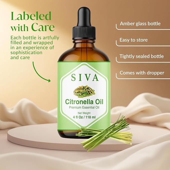 Siva Citronella Essential Oil 4 Fl Oz – for Diffuser, Skin & Hair Care – Ideal for Massage & DIY Blends- with Dropper