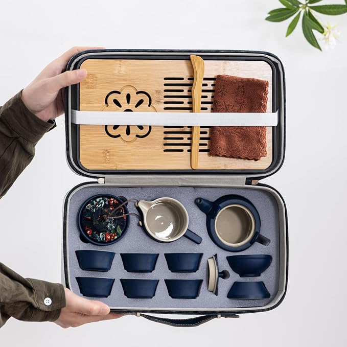 14-Piece Portable Ceramic Travel Tea Set - Chinese Kung Fu Tea Kit with Bamboo Tray & Leather Carry Bag (Blue) for Home/Office/Camping/Gifting