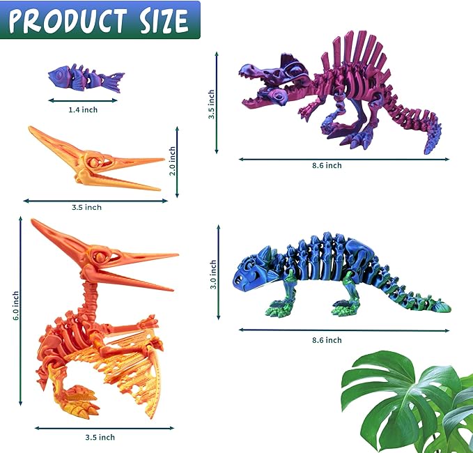 3PCS 3D Printed Dinosaur Skeletons, 3D Printed Dragon Animals Toys, Spinosaurus Pterosaur Ankylosaurus Fidget Toys Desk, Poseable with Articulated Joints, Home Decor, Stress Relief Toy (Dinosaur-B)