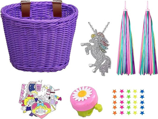 Kids Bike Basket, Wicker Handlebar Bicycle Basket for Girls With Unicorn Necklace, Bell, Streamers, Stickers Decoration Accessories Set