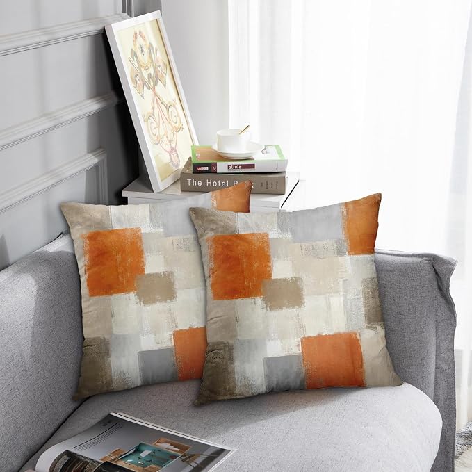 Emvency Throw Pillow Covers Set of 2, 16 x 16 Inch, Orange Beige and Grey | Modern Abstract Painting Outdoor Decorative Square Pillow Cases Couch Cushion Case for Couch Bed Sofa Living Room Home Decor