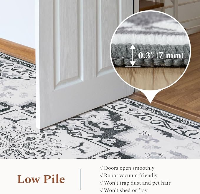 Rugflix 6x9 Area Rugs for Living Room, Washable Light Grey Large Rug | Machine Washable; Stain-Resistant; Low Pile; Non-Slip; Boho Vintage Printed; Carpet for Bedroom Dining Office Nursery Home
