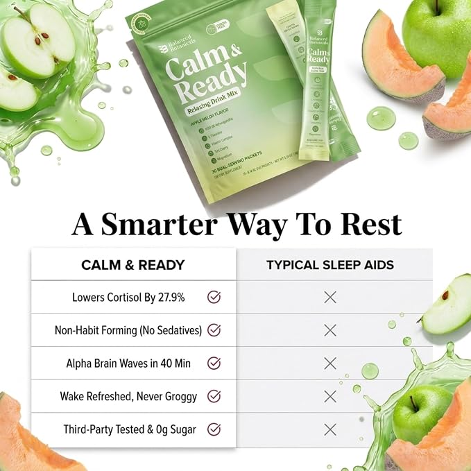 Calm and Ready Powder Mix, Cortisol Reducer*, Sleep & Relaxation Aid, Magnesium Glycinate, Ashwagandha KSM-66, L-Theanine, Tart Cherry, Sugar Free, 20 Packets, Apple Melon