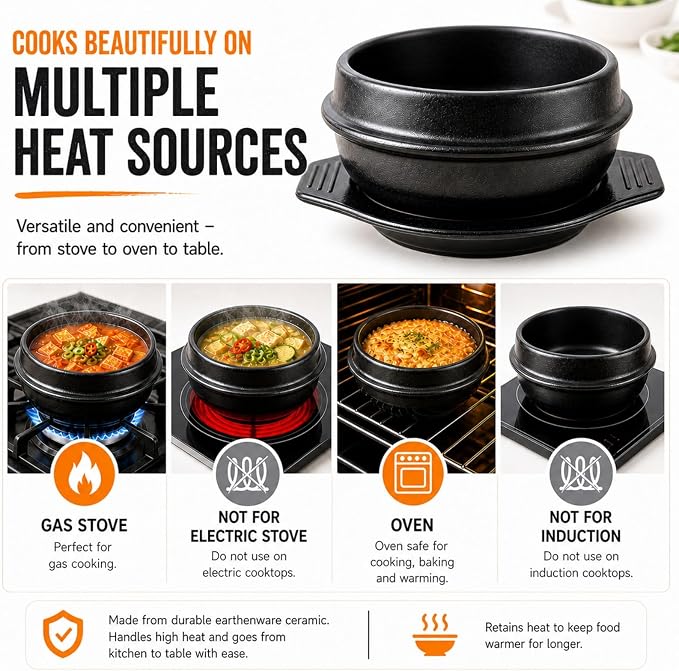 XICHENGSHIDAI Korean Stone Bowl, Dolsot with Tray, 37 Oz, Black | Heat-retaining bowl with tray for bibimbap, soup, stew and ramen; suitable for gas stovetops and ovens, not induction.