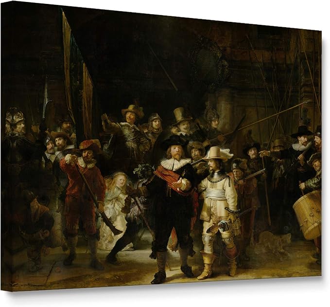 Niwo ART - The Night’s Watch, World's Most Famous Paintings Series, Canvas Wall Art Home Decor, Gallery Wrapped, Stretched, Framed Ready to Hang (16"x12"x3/4")