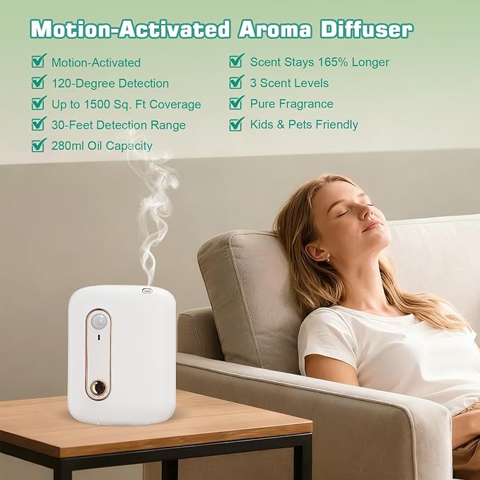 Waterless Diffuser for Essential Oil, Motion Activated Scent Air Machine for Home, 100ml/1000 Sq. Ft Aromatherapy Diffuser for Office, Bedroom, Spa, White