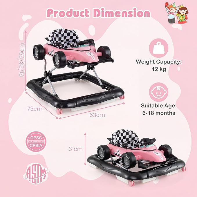 HONEY JOY Baby Walker, 4-in-1 Foldable Infant Activity Push Walker, Toddler Car Walker with Adjustable Heights, Music, Lights, Padded Seat, Baby Walker with Wheels for Boys Girls 6-18 Months (Pink)