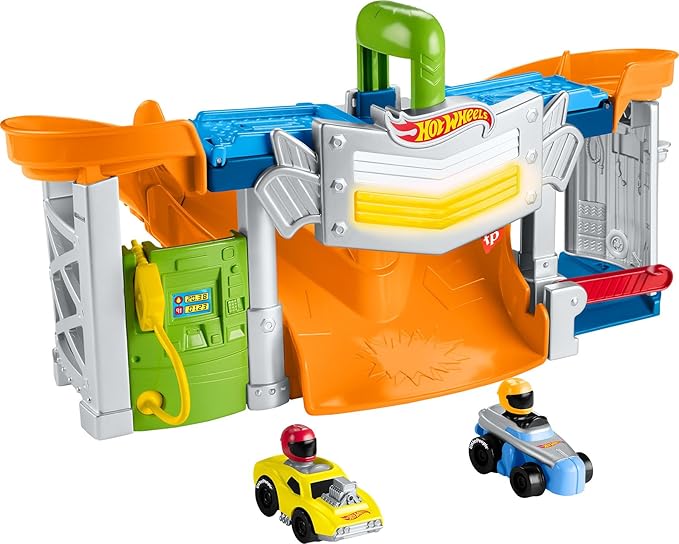 Fisher-Price Little People Hot Wheels Toddler Toy Race and Go Track Set with Lights Sounds & 2 Cars for Pretend Play Kids Ages 18+ Months