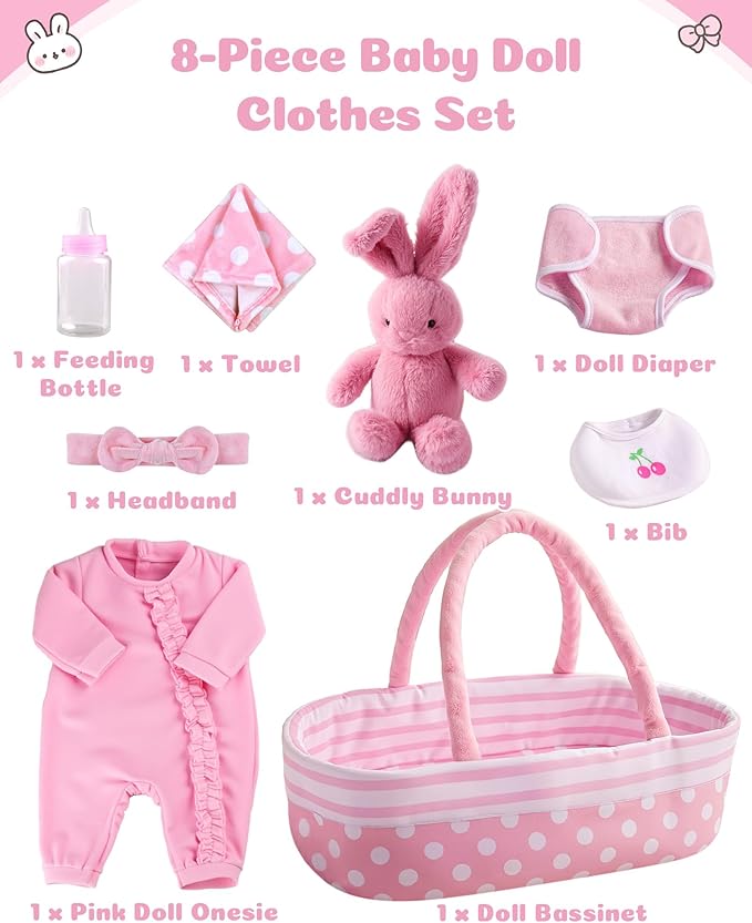 JIZHI 8 Pcs Reborn Baby Doll Clothes Set with Bassinet for 17-22 Inch Dolls, Baby Dolls Clothes and Doll Accessories Set fit Newborn Baby Doll Girl, Pink