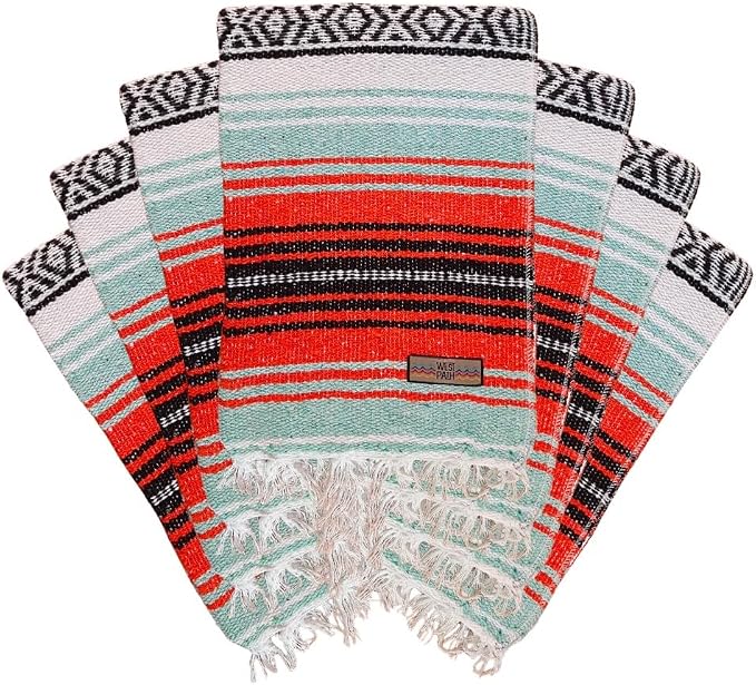 Open Road Goods Bulk Falsa Blankets - Handwoven Authentic Mexican Falsa - Great for Weddings, Yoga, Beach, Picnics, or Mexican Throw! (Mint/Orange, 7 Pack)
