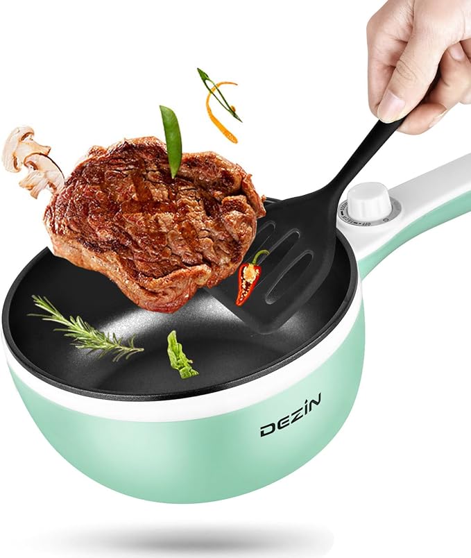 Dezin Hot Pot Electric, 1.5L Non-Stick Portable Electric Pot, Dual Power | 700W Upgraded Electric Pot for Cooking Steak, Egg, Oatmeal, Soup, Mini Ramen Cooker for Dorm, Travel, Office, RV, Green Pan