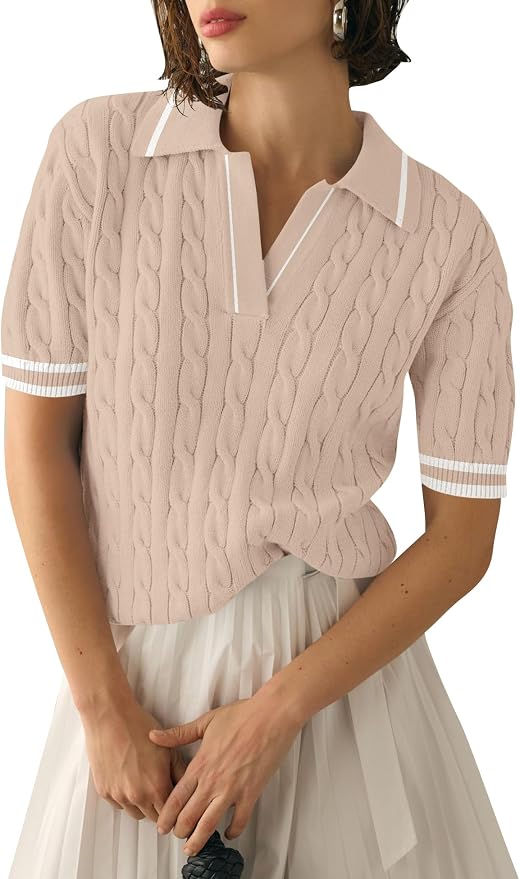 Micoson Womens Short Sleeve Sweater Tops Lapel V Neck Polo Shirts 2026 | Summer Cable Knit Loose Blouses, Business Casual Outfits