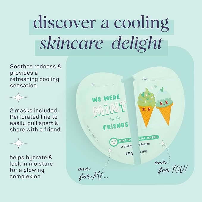 SpaLife Valentines Duo Mint Facial Masks Set 2-pack | Hydrating, Soothing, and Moisturizing with Natural Mint Scent | Valentines Facial Sheet Mask Skin Care Gift | Perfect Valentine Gift Set