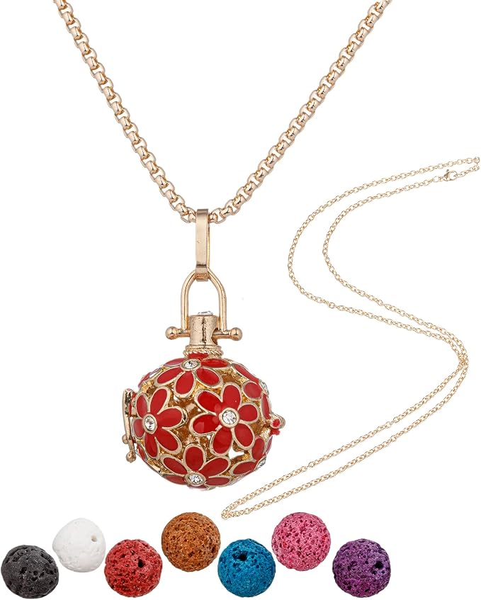 Essential Oil Diffuser Necklace Red Chrysanthemum Rhinestones Copper Aromatherapy Pendant Locket with 7pcs Lave Rocks Stone and 2pcs 27 Inch Gold Chain Jewelry for Women TeenGirls