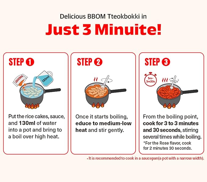 BBOM Instant Korean Tteokbokki Pouch – Sweet & Spicy Street Food – Easy and Convenient Preparation – Includes Tray, Rice Cakes & Powder Sauce, 3 Flavors_5.19oz (147g) x 2ea (Spicy)