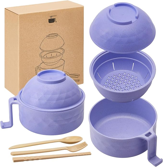 1 Set Microwave Ramen Cooker 40oz Wheat Straw Microwave Noodle Bowl Set with Chopsticks, Spoon, Fork, College Dorm Office Apartment Essentials (Purple)