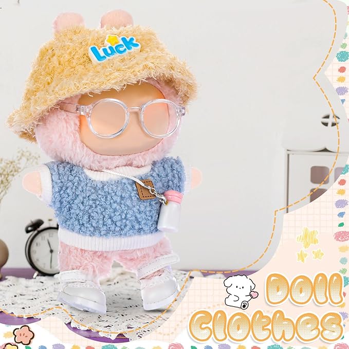 5 Pcs Stylish Set for 17cm Dolls with Fashion Hat, Water Bottle, Transparent Glasses, Shoes and Sweater Outfit Set, Cute Doll Style Accessories Gift (Pretty, Blue)