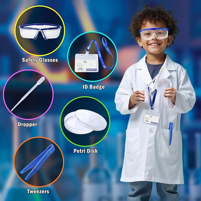 Kids Scientist Costume Lab Coat Doctor Pretend Play Toys Gift for Boys Girls with Goggles ID Card