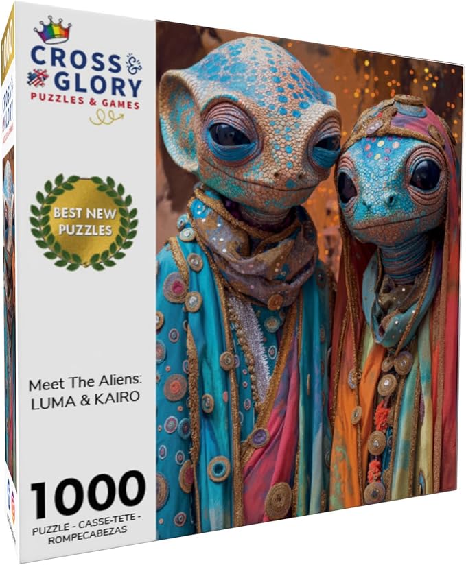 Cross & Glory – Meet The Aliens: Luma & Kairo – 1000 Piece Jigsaw Puzzle for Adults | Vibrant Sci-Fi Love Story Puzzle | Colorful Alien Couple Artwork | Premium Ribbon-Cut Puzzle with Satin Finish