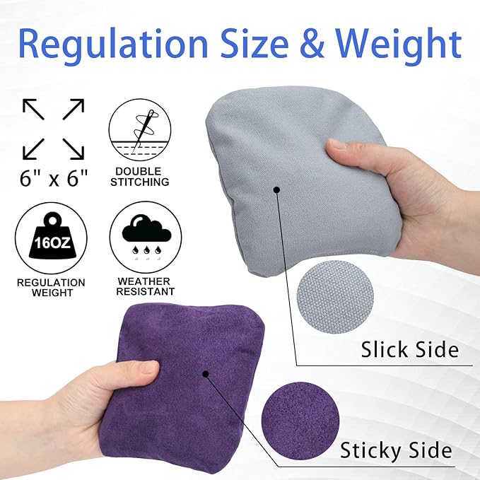 EunHo Regulation Cornhole Bags Set of 8 - Dual Sided Slick and Stick Cornhole Bean Bags for Tossing Game Professional All Weather Pro Corn Hole Bags with Tote Bag