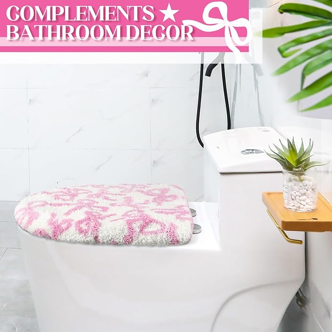 Rose Pink Bow Toilet Lid Cover Washable Coquette Cute Plush Toilet Cover for Bathroom Decor Soft Microfiber 17.5 x 15 Inch Non Slip Rubber Backing Fits Most Round, Elongated