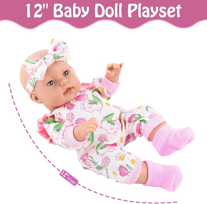 12" Girl Baby Dolls with Doll Clothes and Accessories,First Baby Doll Playset Includes Feeding Bottle,Pacifier Gift Idea for Toddler 3 Ages and Up