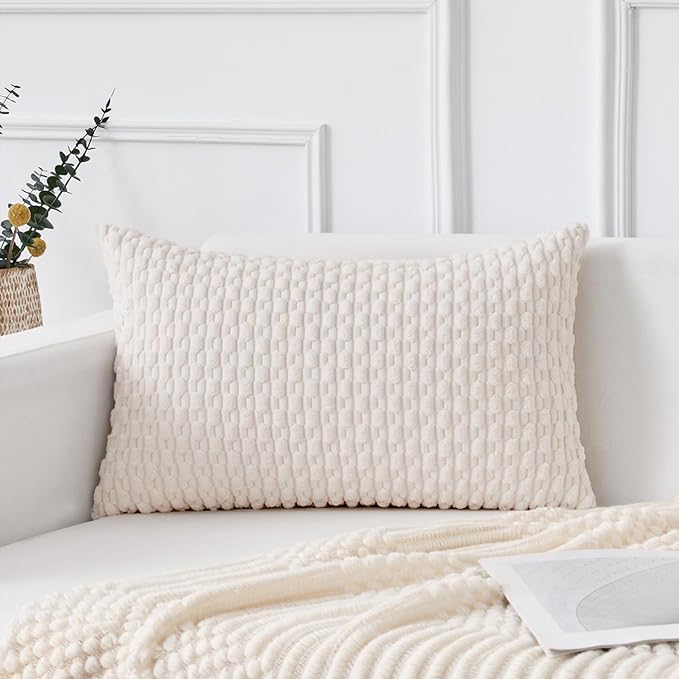 Kevin Textile Soft Corduroy 14"x24" Lumbar Pillow Cover 1 Pack, Pure White | Boho Stripe Plush Corduroy Decorative Oblong Cushion Cover Modern Farmhouse Home Decor for Sofa Couch Bed Chair
