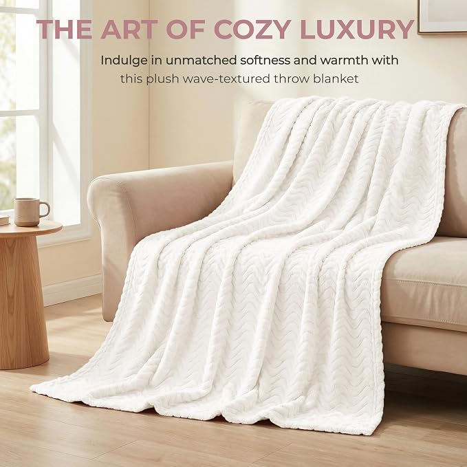 Exclusivo Mezcla Soft Fleece Blanket Queen Size for Bed, Sofa, Ivory | 90"x90" Breathable Lightweight Flannel Blanket for Summer, Plush Cozy Jacquard Wave for Home Decor