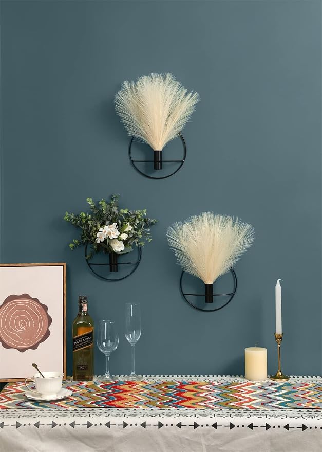 Pretty Jolly Boho Pampas Wall Decor Black Metal Wall-Mounted Art | Morden Artificial Greenery Display，2 Pack Beige Hanging Planter For Living Room, Bedroom, Bathroom, Dining room