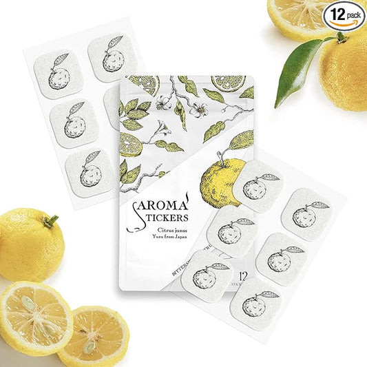 AROMA STICKERS® (Yuzu, Pack of 1) - 100% Natural Essential Oil Mask Stickers for Face Mask & Pillow (12 Stickers/pc) -Pure Essential Oil Scented Mask Patch/Personal Aroma/Relaxing