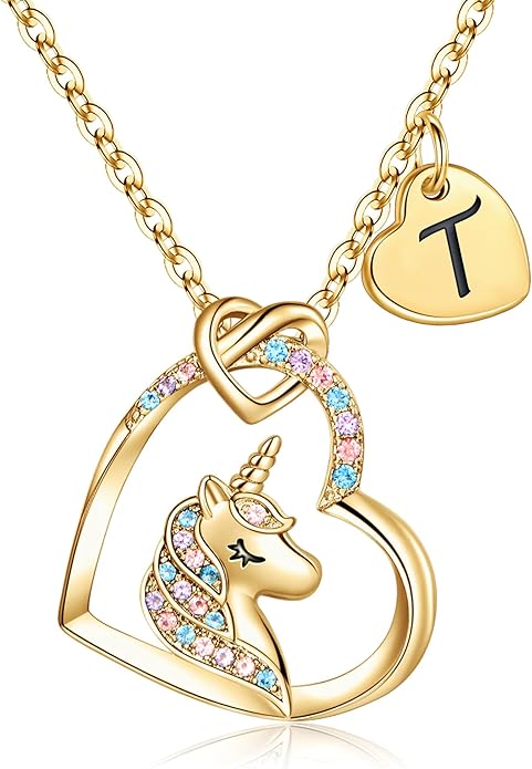 Hidepoo Valentines Gifts for Kids Girls - Unicorn Necklace Gifts for Teen Girls Kid, Colorful CZ Heart Pendant Initial Unicorn Necklaces for Girl Jewelry Birthday Gift for Girl Kid
