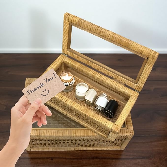 Rattan Display Box for Home Decor with Lid - Rectangular Coastal Bohemian Style Stackable Decorative Storage Box Set - Handmade from Natural Rattan, Cedar & Real Glass