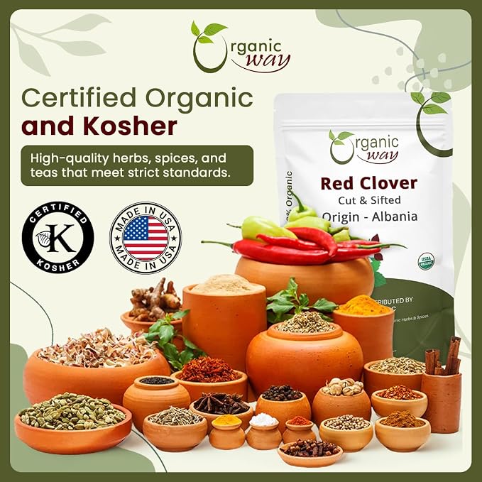 Organic Way Red Clover Flower Cut & Sifted (Trifolium pratense) - Herbal Tea | European Wild-Harvest | Organic & Kosher Certified | Non GMO & Gluten Free | USDA Certified | Origin - Albania (2Oz.)