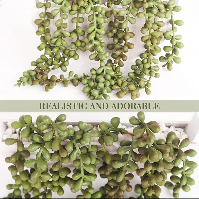 Artificial Succulents Hanging Plants 12.2'' Fake String of Pearls in Pot with 8.3'' Lanyard for Indoor Outdoor Wall Decor.