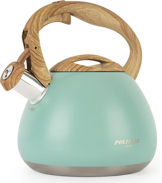 POLIVIAR Tea Kettle, 2.7 Quart Blue Finish with Wood Pattern Handle Loud Whistle Food Grade Stainless Steel Teapot, Anti-Hot Handle and Anti-Rust, Suitable for All Heat Sources JX2025-TB30