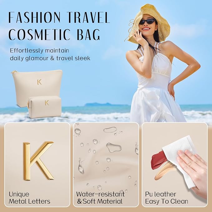 Women Gifts | Initial Makeup Bag for Girl Personalized Gifts for Bridesmaid Friend PU Leather Cosmetic Travel Toiletry Bag(Beige,K)