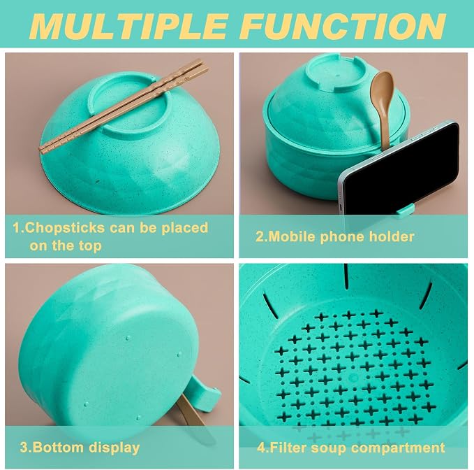1 Set Microwave Ramen Cooker 40oz Wheat Straw Microwave Noodle Bowl Set with Chopsticks, Spoon, Fork, College Dorm Office Apartment Essentials (Mint Green)