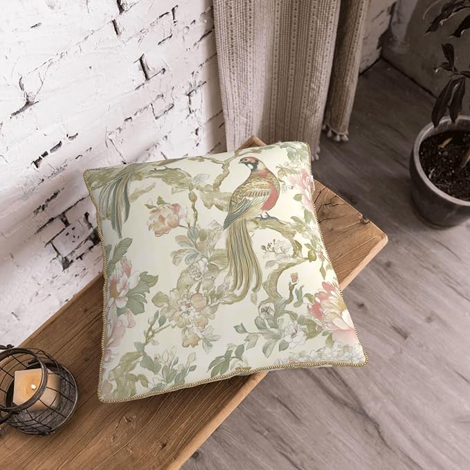 Vintage Bird Floral Velvet Pillow Covers 18x18 Inch Chinoiserie Flowers Leaves Throw Pillows for Couch Farmhouse Cushion Covers Pillowcase Light Green Leaf Pillow Cases for Sofa Bed Outdoor Decor