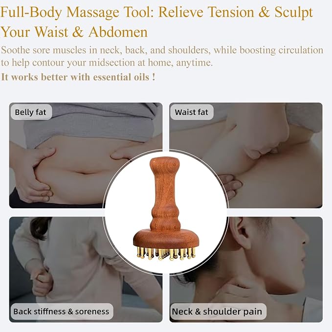 29teeth Copper Head Massage Comb for Body and Scalp Meridian Point Massager Brush for Body and Scalp Relief Body Massage Brush for Cellulite Remover Chinese SPA Gua Sha Tool Wooden Handle