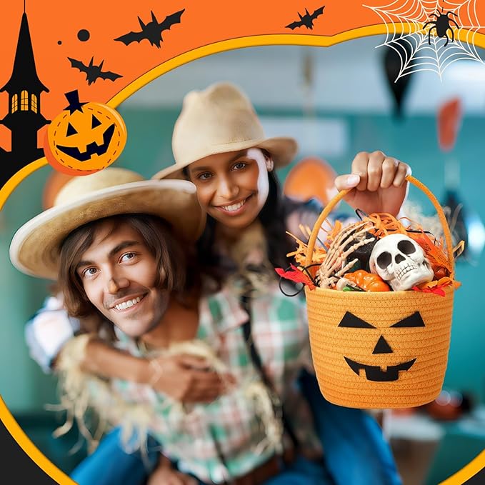 Halloween Basket with Handle Cute Bucket Cotton Rope Woven Candy Server Bag Pumpkin Witch Cat Pig Storage Basket for Halloween Party Favor(Bucket Pumpkin,Orange,1 Pack)