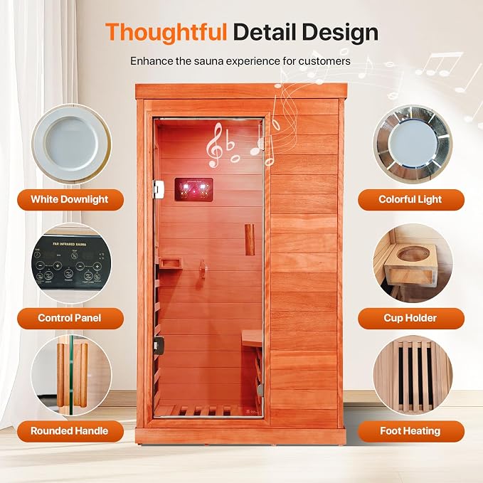 OUTEXER Far Infrared Sauna Home Sauna Spa Room Low-EMF Wood 1200W Indoor Saunas with 7 Color Light Tempered Glass Door, Room:35.2 * 27.6 * 61.6Inch