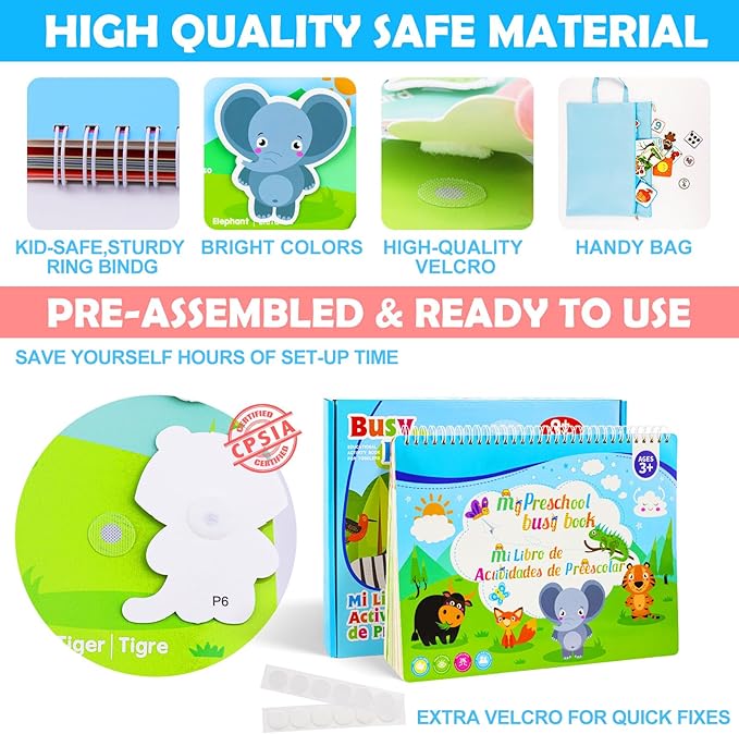 Spanish & English Bilingual Montessori Book for Toddlers 2-4 3-5, Pre-Assembled Reusable Sticker Activities Toy for Kids to Learn Spanish - Speech Therapy Travel Girls Boys Gifts - Juguetes Para Niñas